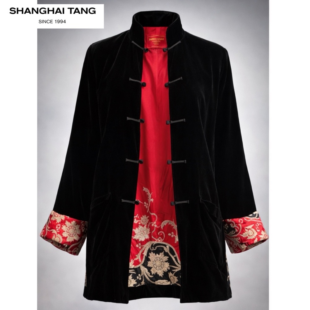 Shanghai Tang Black Velvet Chinese Mandarin Jacket Silk Embroidered Lining US 14 - Picture 1 of 16